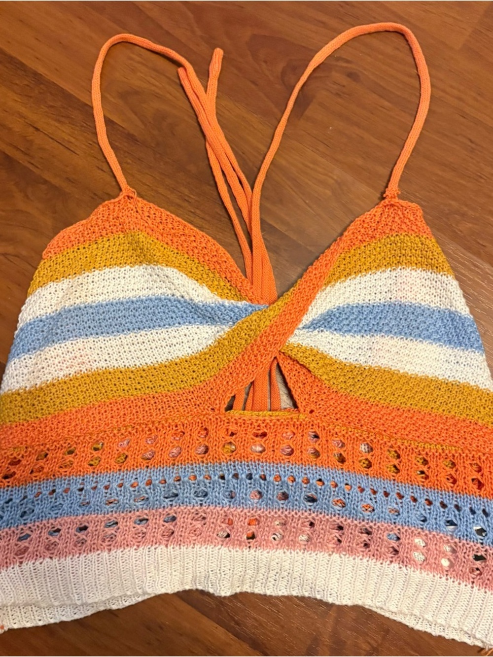 SHEIN Orange Striped Crochet Crop Top with Blue, Pink & White Accents